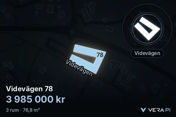 VERA PI:s bild av Videvägen 78: huset i 3D, upplyst i blått, och kartan runt omkring