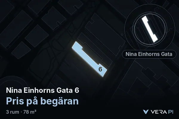 VERA PI:s bild av Nina Einhorns Gata 6: huset i 3D, upplyst i blått, och kartan runt omkring