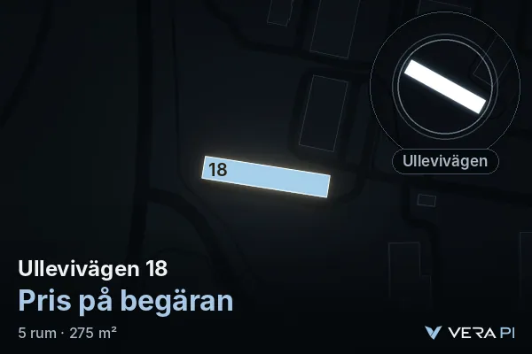 VERA PI:s bild av Ullevivägen 18: huset i 3D, upplyst i blått, och kartan runt omkring