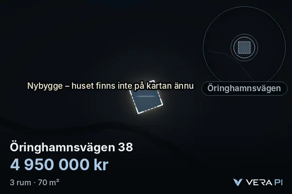 VERA PI's image of Öringhamnsvägen 38: the building in 3D, lit in blue, and the map around it