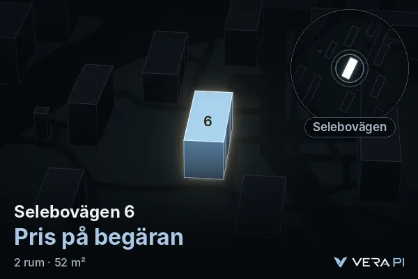 VERA PI's image of Selebovägen 6: the building in 3D, lit in blue, and the map around it