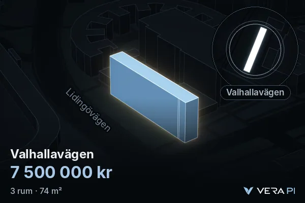 VERA PI's image of Valhallavägen: the building in 3D, lit in blue, and the map around it