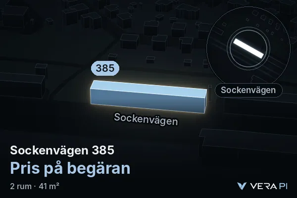 VERA PI's image of Sockenvägen 385: the building in 3D, lit in blue, and the map around it