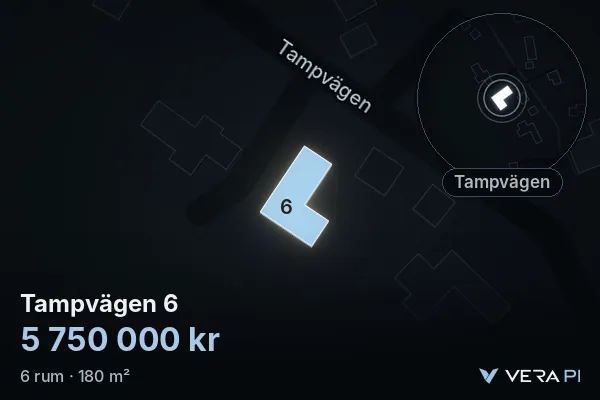 VERA PI:s bild av Tampvägen 6: huset i 3D, upplyst i blått, och kartan runt omkring