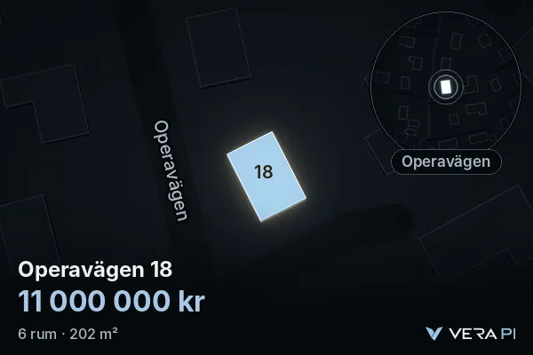 VERA PI:s bild av Operavägen 18: huset i 3D, upplyst i blått, och kartan runt omkring