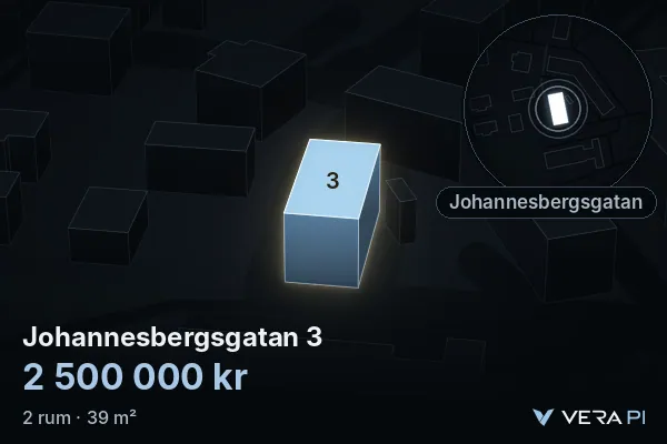 VERA PI:s bild av Johannesbergsgatan 3: huset i 3D, upplyst i blått, och kartan runt omkring