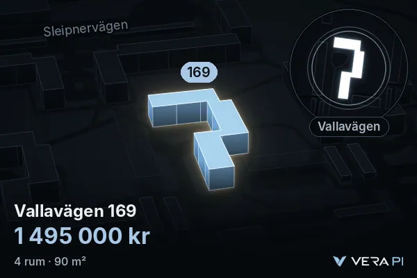 VERA PI:s bild av Vallavägen 169: huset i 3D, upplyst i blått, och kartan runt omkring