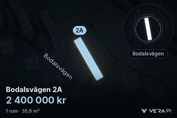 VERA PI's image of Bodalsvägen 2A: the building in 3D, lit in blue, and the map around it