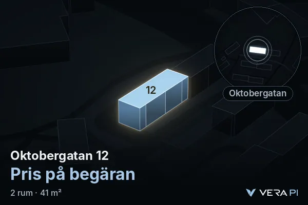 VERA PI's image of Oktobergatan 12: the building in 3D, lit in blue, and the map around it