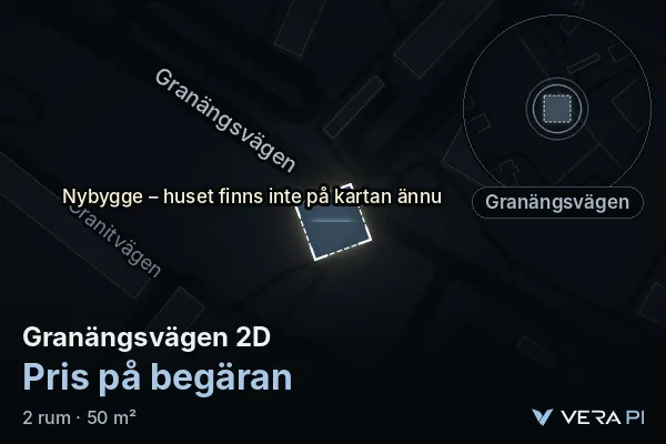 VERA PI's image of Granängsvägen 2D: the building in 3D, lit in blue, and the map around it