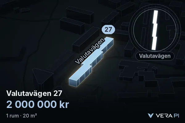 VERA PI's image of Valutavägen 27: the building in 3D, lit in blue, and the map around it