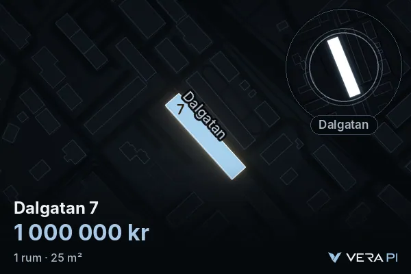 VERA PI's image of Dalgatan 7: the building in 3D, lit in blue, and the map around it