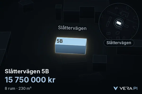 VERA PI:s bild av Slåttervägen 5B: huset i 3D, upplyst i blått, och kartan runt omkring
