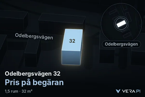 VERA PI's image of Odelbergsvägen 32: the building in 3D, lit in blue, and the map around it
