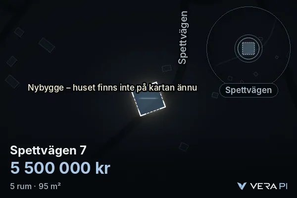 VERA PI:s bild av Spettvägen 7: huset i 3D, upplyst i blått, och kartan runt omkring