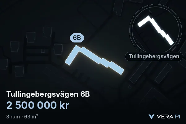 VERA PI's image of Tullingebergsvägen 6B: the building in 3D, lit in blue, and the map around it