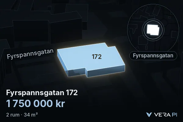VERA PI's image of Fyrspannsgatan 172: the building in 3D, lit in blue, and the map around it