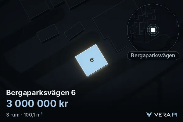 VERA PI:s bild av Bergaparksvägen 6: huset i 3D, upplyst i blått, och kartan runt omkring