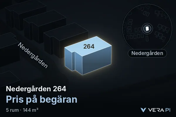 VERA PI:s bild av Nedergården 264: huset i 3D, upplyst i blått, och kartan runt omkring