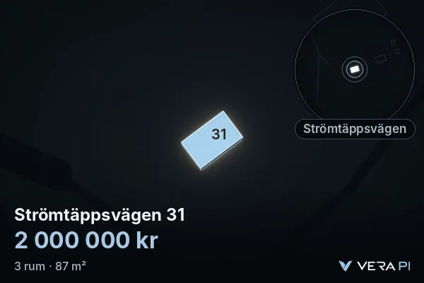 VERA PI's image of Strömtäppsvägen 31: the building in 3D, lit in blue, and the map around it
