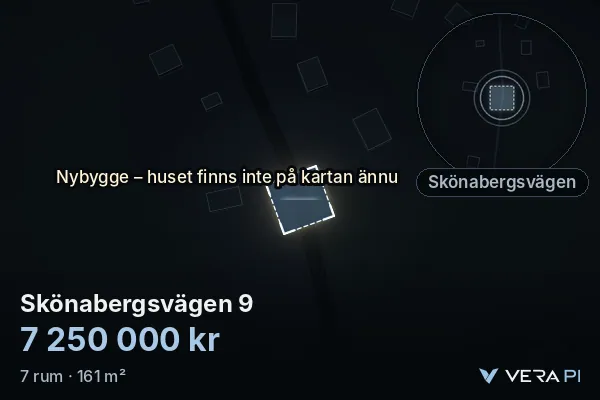 VERA PI:s bild av Skönabergsvägen 9: huset i 3D, upplyst i blått, och kartan runt omkring