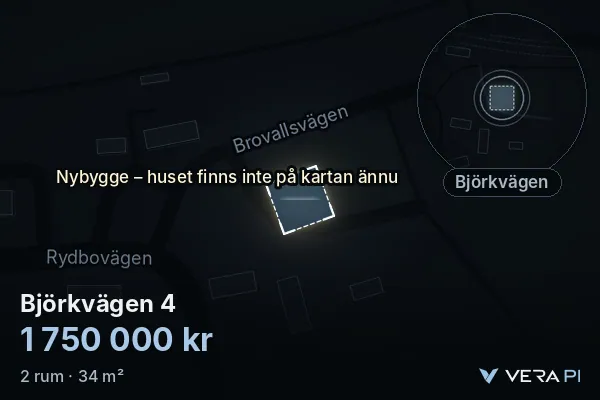 VERA PI:s bild av Björkvägen 4: huset i 3D, upplyst i blått, och kartan runt omkring