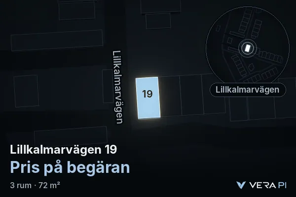VERA PI's image of Lillkalmarvägen 19: the building in 3D, lit in blue, and the map around it