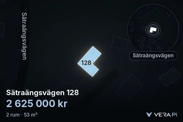VERA PI's image of Sätraängsvägen 128: the building in 3D, lit in blue, and the map around it