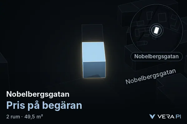 VERA PI:s bild av Nobelbergsgatan: huset i 3D, upplyst i blått, och kartan runt omkring