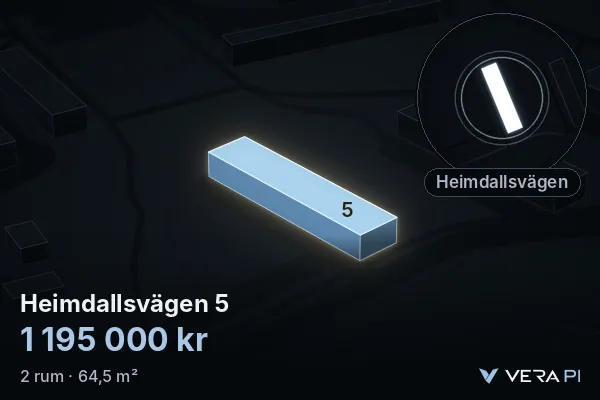 VERA PI's image of Heimdallsvägen 5: the building in 3D, lit in blue, and the map around it