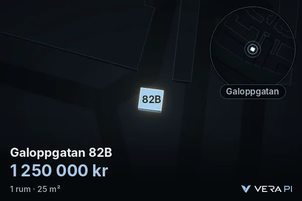 VERA PI:s bild av Galoppgatan 82B: huset i 3D, upplyst i blått, och kartan runt omkring