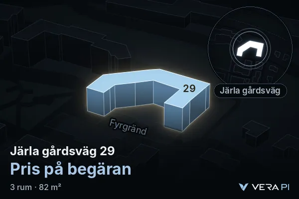VERA PI:s bild av Järla gårdsväg 29: huset i 3D, upplyst i blått, och kartan runt omkring