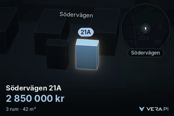 VERA PI:s bild av Södervägen 21A: huset i 3D, upplyst i blått, och kartan runt omkring