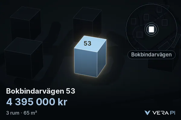 VERA PI's image of Bokbindarvägen 53: the building in 3D, lit in blue, and the map around it