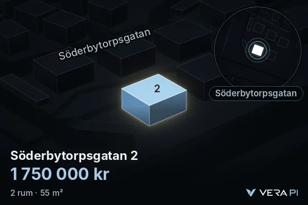 VERA PI:s bild av Söderbytorpsgatan 2: huset i 3D, upplyst i blått, och kartan runt omkring