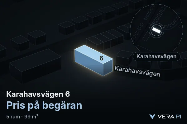 VERA PI:s bild av Karahavsvägen 6: huset i 3D, upplyst i blått, och kartan runt omkring