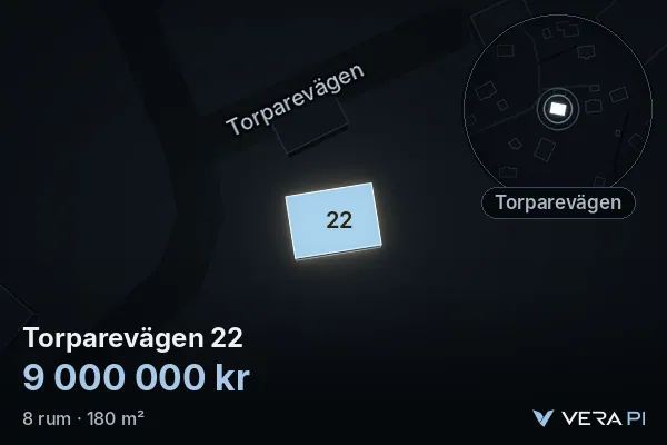 VERA PI's image of Torparevägen 22: the building in 3D, lit in blue, and the map around it