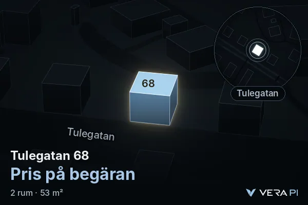 VERA PI's image of Tulegatan 68: the building in 3D, lit in blue, and the map around it