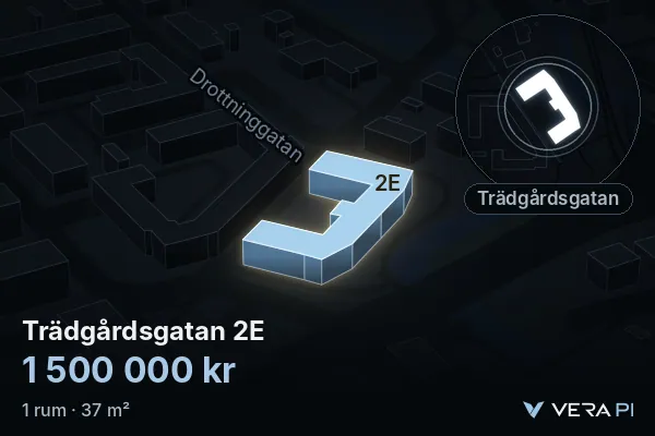 VERA PI's image of Trädgårdsgatan 2E: the building in 3D, lit in blue, and the map around it