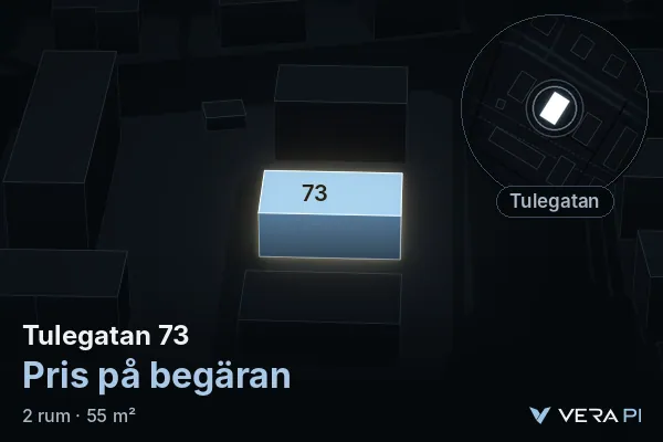 VERA PI's image of Tulegatan 73: the building in 3D, lit in blue, and the map around it