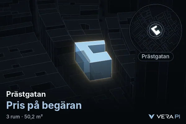 VERA PI's image of Prästgatan: the building in 3D, lit in blue, and the map around it