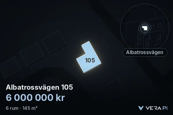 VERA PI:s bild av Albatrossvägen 105: huset i 3D, upplyst i blått, och kartan runt omkring