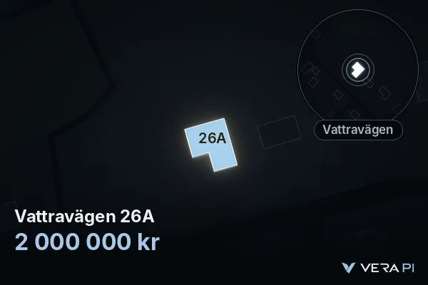 VERA PI's image of Vattravägen 26A: the building in 3D, lit in blue, and the map around it