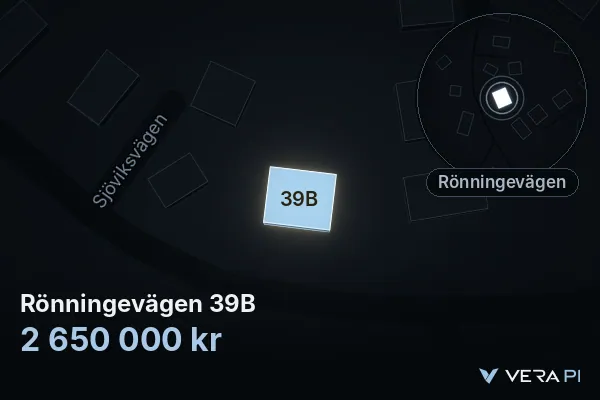 VERA PI's image of Rönningevägen 39B: the building in 3D, lit in blue, and the map around it