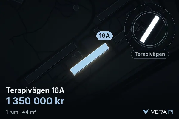 VERA PI:s bild av Terapivägen 16A: huset i 3D, upplyst i blått, och kartan runt omkring