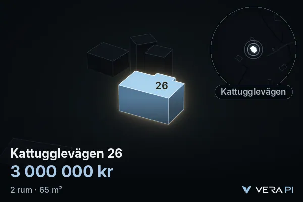 VERA PI's image of Kattugglevägen 26: the building in 3D, lit in blue, and the map around it