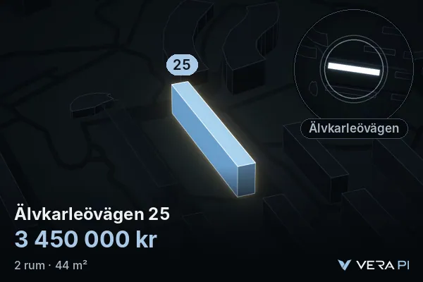 VERA PI's image of Älvkarleövägen 25: the building in 3D, lit in blue, and the map around it