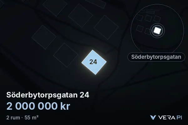 VERA PI:s bild av Söderbytorpsgatan 24: huset i 3D, upplyst i blått, och kartan runt omkring