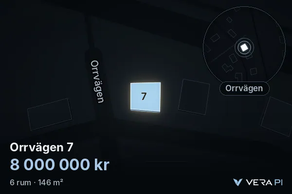 VERA PI's image of Orrvägen 7: the building in 3D, lit in blue, and the map around it