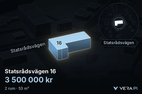 VERA PI:s bild av Statsrådsvägen 16: huset i 3D, upplyst i blått, och kartan runt omkring